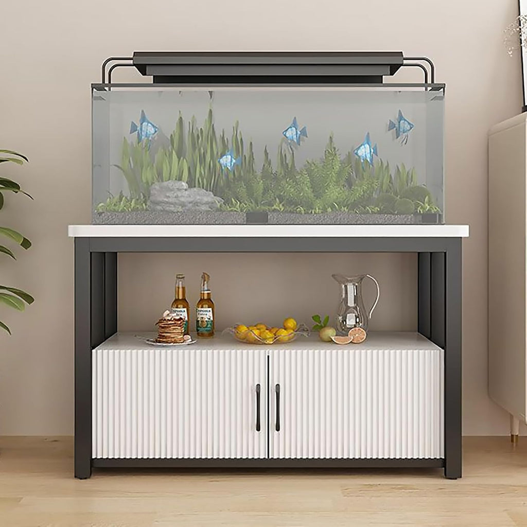 5-75 Gallon Aquarium Stands, 3 Tier Metal Frame Fish Tank Stand with Cabinet Storage, Reptile Tank Stand for Home Living Room Bedroom Office, 2200LBS Capacity (black+white, L47.2″*W19.7″*H23.6″)