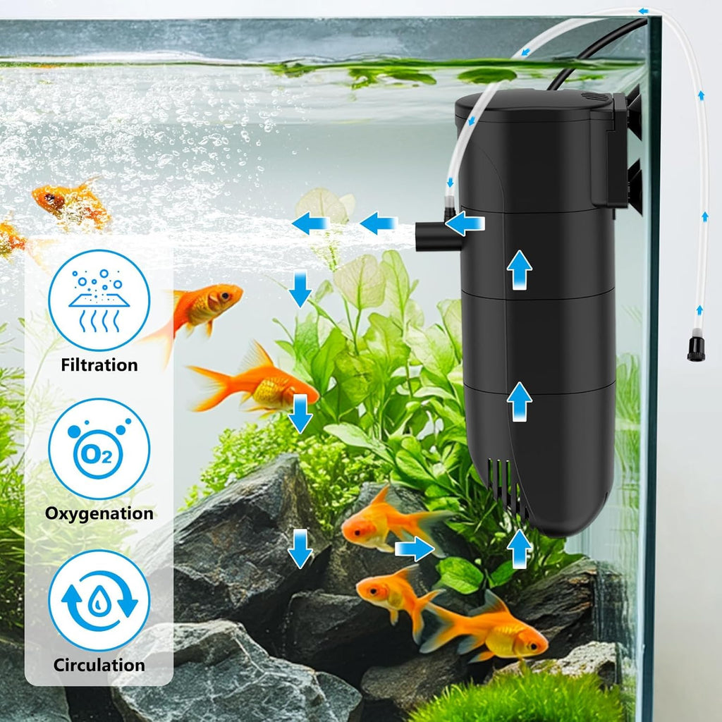 Submersible Aquarium Filter, 106GPH 4-Stage Fish Tank Filter Adjustable Air Flow Powerful Internal Filter for 10-30 Gallon Tank with Filtration Oxygenation Circulation (6W)