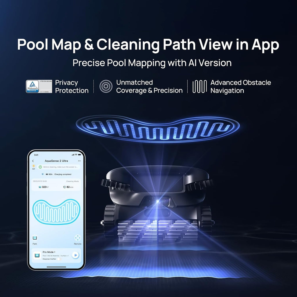 Beatbot AquaSense 2 Ultra Cordless Robotic Pool Cleaner for Complex Pools, Mapping with AI Camera, 5-in-1 Cleaning, Smart Surface Parking, Skimmer with APP Control, Water Clarification – Abyssal Blue