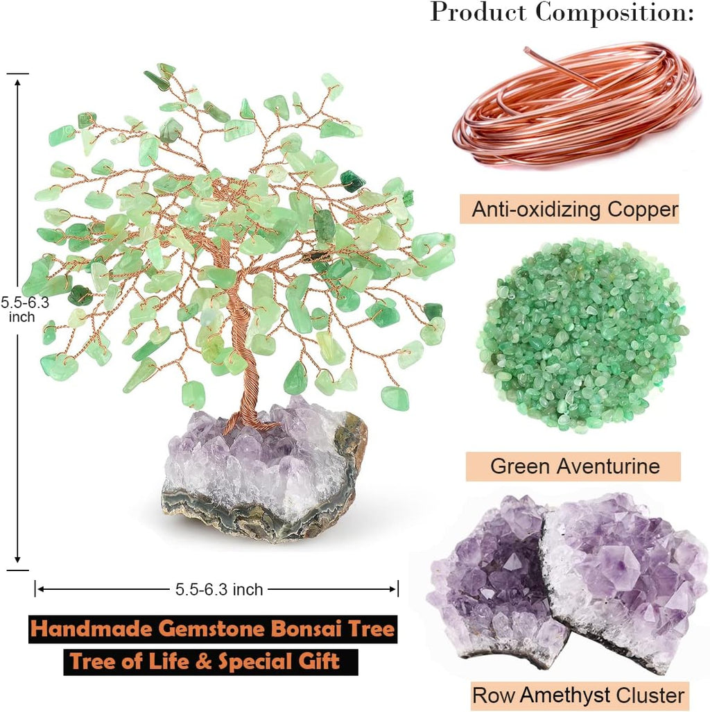 Gemstone Crystal Tree of Life,Natural Green Aventurine with Amethyst Cluster Base,Feng Shui Decor Bonsai Money Tree,Home Decor for Luck and Wealth 5.5"-6.3"
