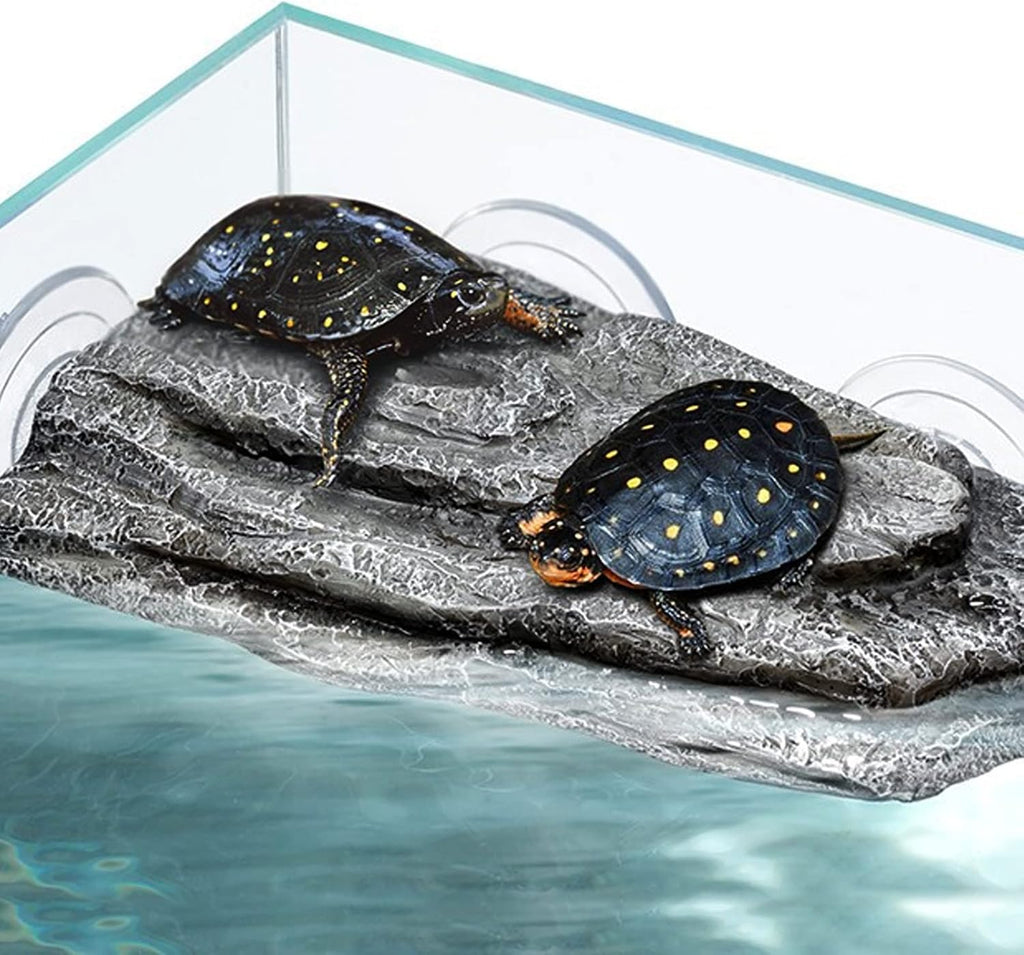 Turtle Basking Platform,Fish Tank Aquarium Tortoise Climbing Platform with 3 pcs Suction Cups,Float Resting Terrace for Frogs, Terrapins(Artificial Bark,Rock) (Grey)