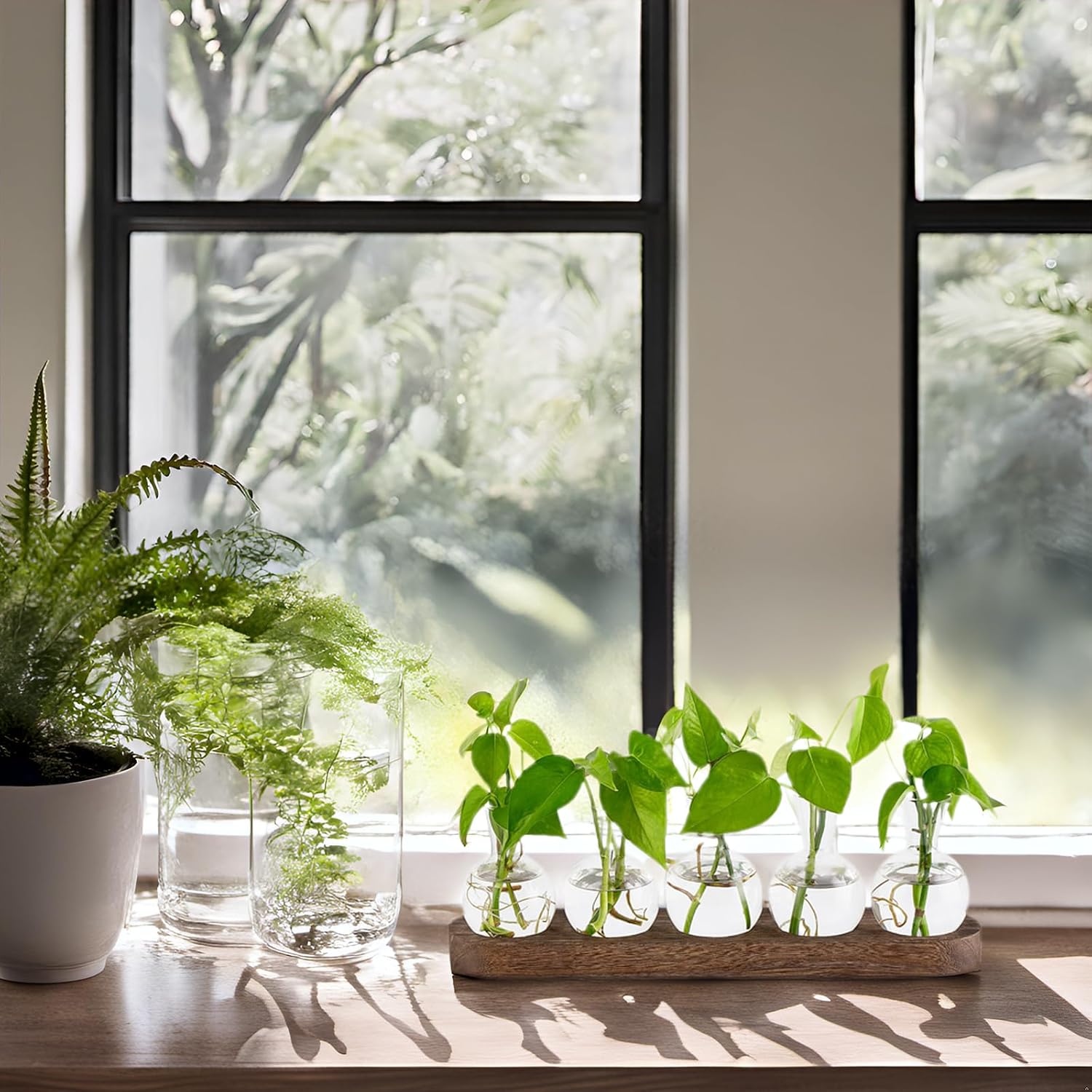 Mkono Desktop Plant Propagation Glass Station Retro Terrarium with Wooden Tray Bulb Vase for Hydroponic Home Indoor Decor Brown, Plant Lover Gift