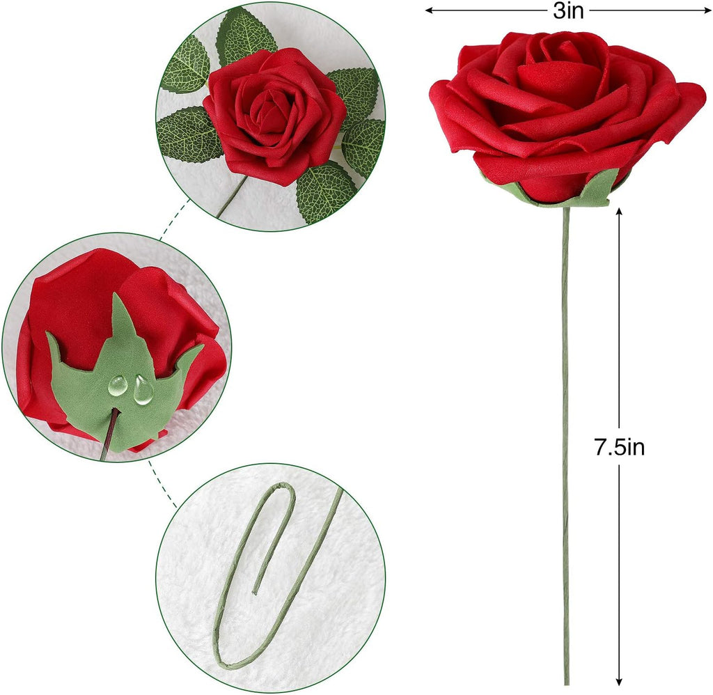 AmyHomie Artificial Flower Dark Red Rose 25pcs Real Looking Fake Roses w/Stem for DIY Wedding Bouquets Centerpieces Arrangements Party Baby Shower Valentines Day Christmas Tree Decorations