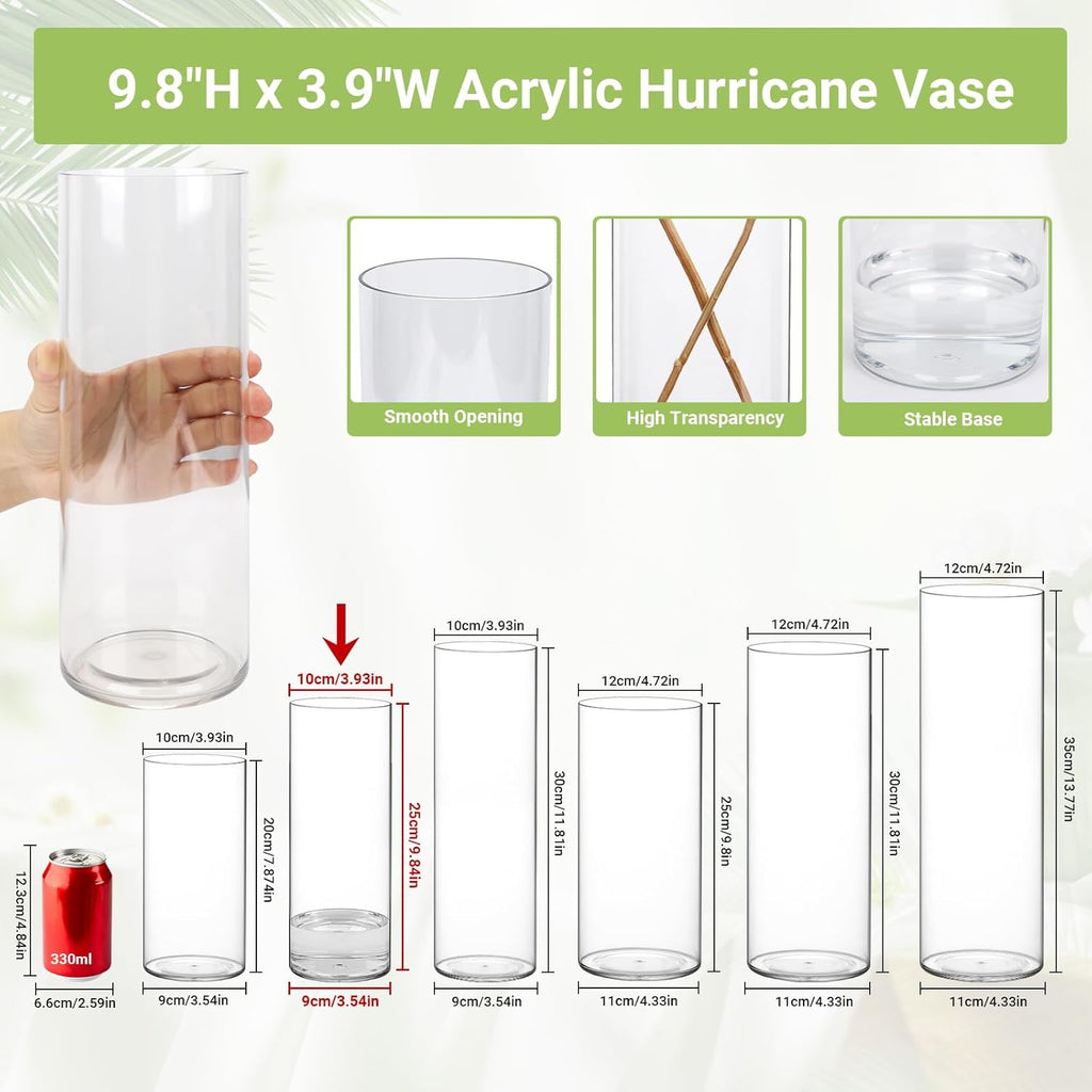 SUREAM Cylinder Vases, 9.8 Inch Tall Plastic Flower Vase, Clear Vases for Centerpieces, Wedding, Table, Party, Dinners, Room Decoration, Opening Round(Not Glass)