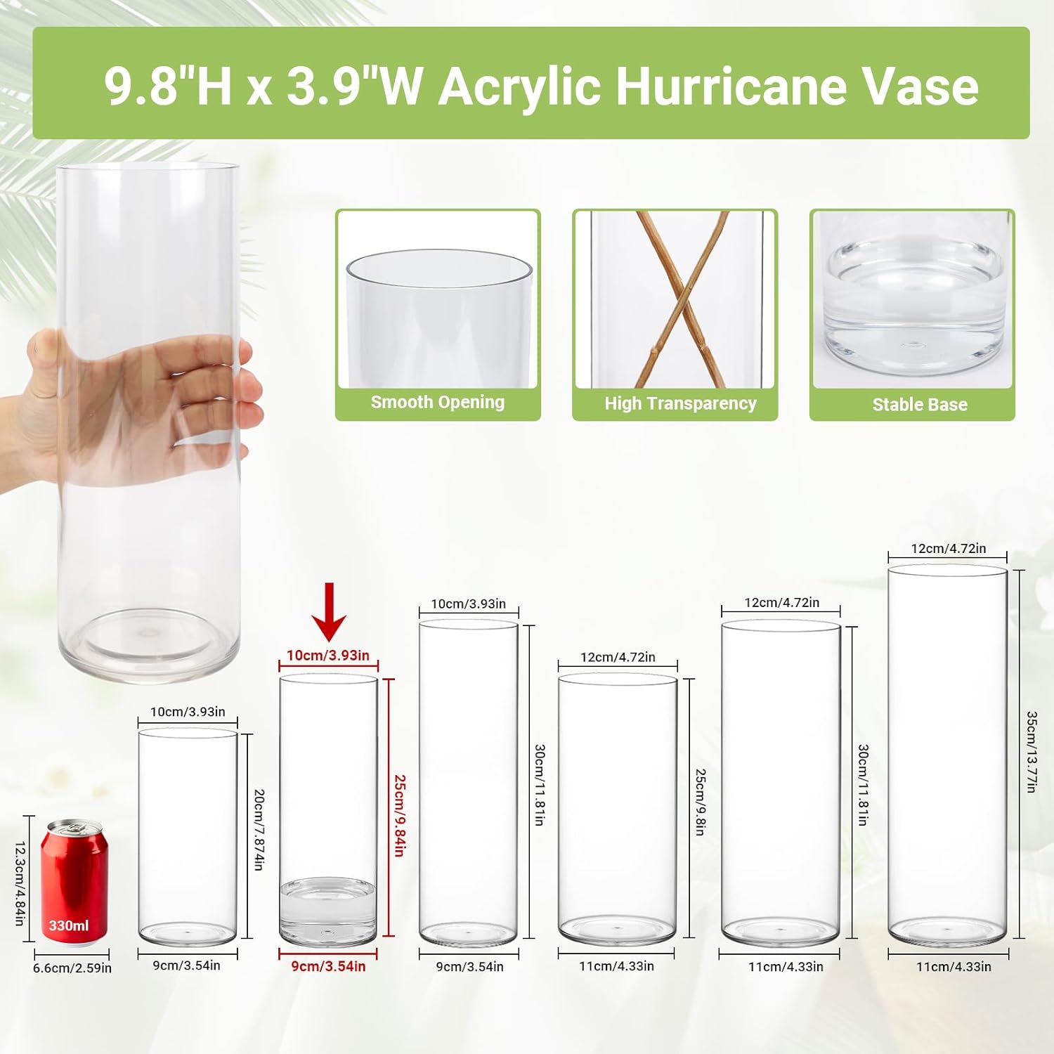 SUREAM Cylinder Vases, 9.8 Inch Tall Plastic Flower Vase, Clear Vases for Centerpieces, Wedding, Table, Party, Dinners, Room Decoration, Opening Round(Not Glass)