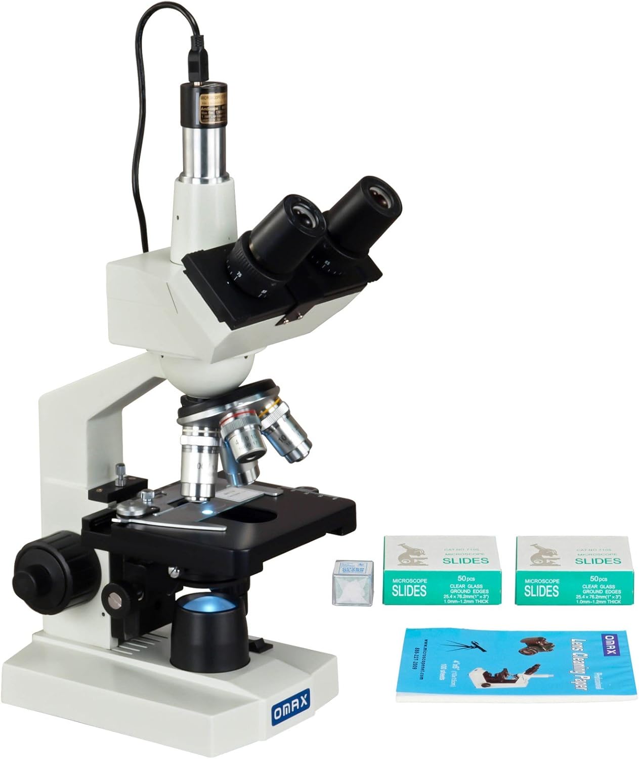 OMAX 40-2500X LED Digital Trinocular Compound Microscope 1.3MP Camera + Blank Slides + Covers + Lens Paper
