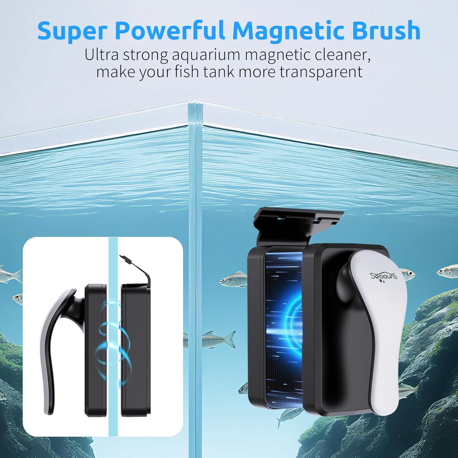 SEAOURA Magnetic Aquarium Glass Cleaner，Algae Scraper for Aquarium Fish Tank， Fish Tank Algae Clean Brush Dual-Sided Side Floating Aquarium Magnetic Brush (L)