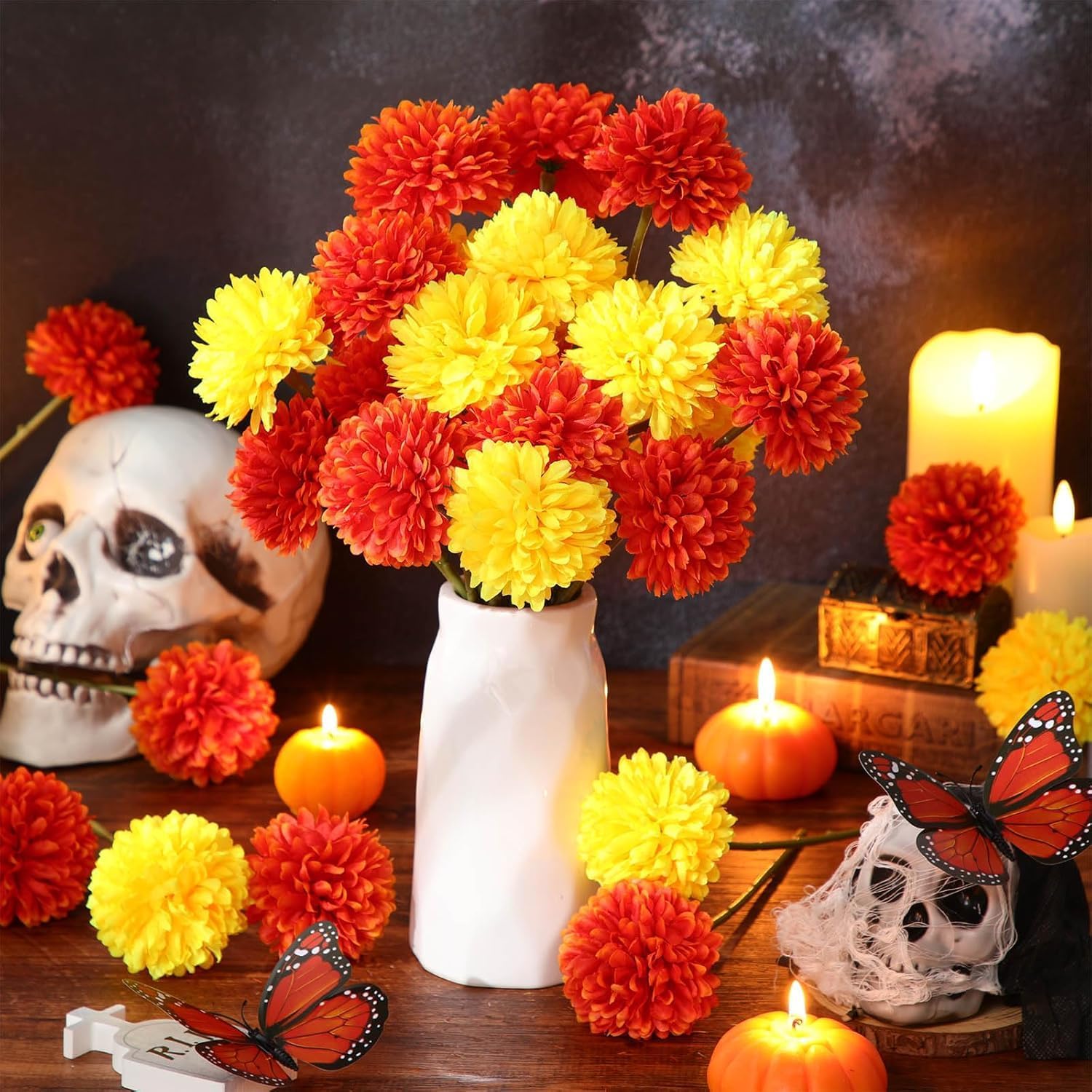 Kimura's Cabin 20Pcs Fake Silk Ball Flowers Artificial Chrysanthemum Faux Mums Bouquets Wedding Arrangements Halloween Thanksgiving Home Kitchens Table DIY Center Decoration (Orange Yellow)