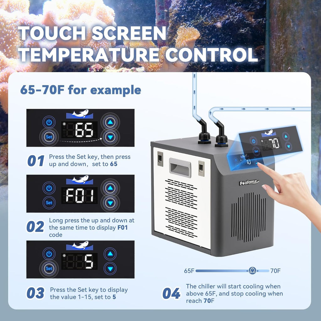 [New Upgrade] Poafamx Aquarium Chiller 42gal (160L), 1/10 HP Water Chiller with Touch Screen, Special Quiet Aquarium Cooler for Fresh/Salt Water Fish Tank, Hydroponics System, Axolotl, Coral Reef