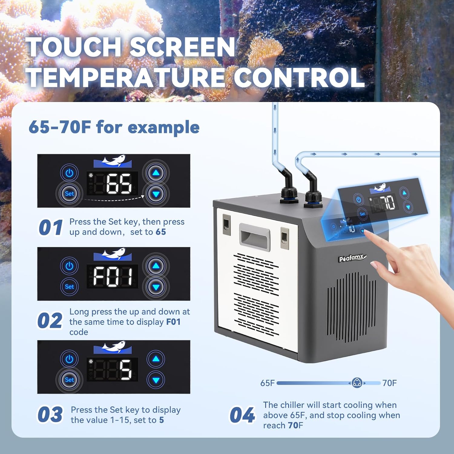 [New Upgrade] Poafamx Aquarium Chiller 42gal (160L), 1/10 HP Water Chiller with Touch Screen, Special Quiet Aquarium Cooler for Fresh/Salt Water Fish Tank, Hydroponics System, Axolotl, Coral Reef