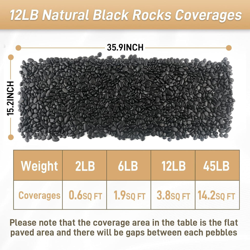12lb Black Rocks for Planters- 1/4" - 3/4" Polished Black Stones Smooth Flat Pebbles for Fish Tanks Decorative River Rocks for Vases Bonsai Pots Garden Stones for Landscaping and Yards