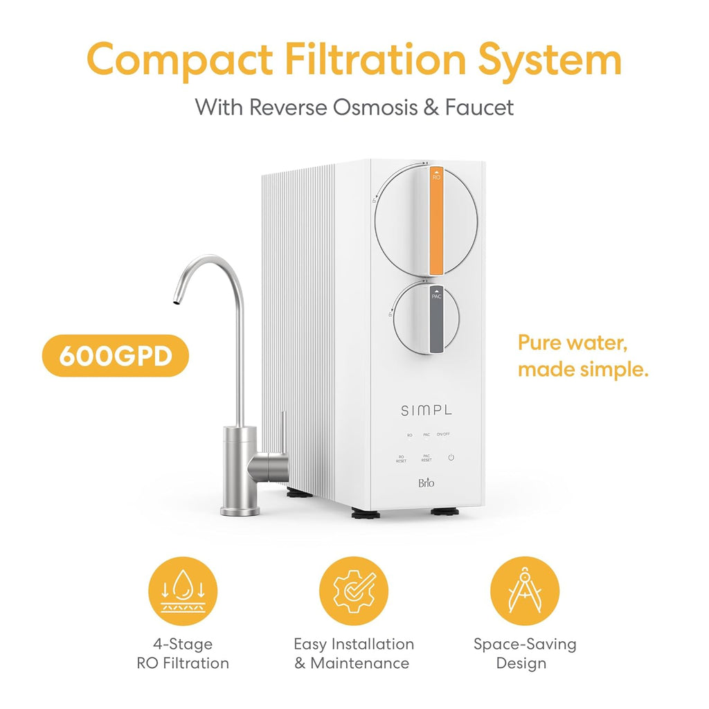 Brio SIMPL Reverse Osmosis Tankless Water Filter System for Clean Drinking Water | 4-Stage Undersink 0.0001 Micron RO Filtration | Reduces PFAS, Dirt, Rust, Chlorine, VOCs & Heavy Metals | 600 GPD