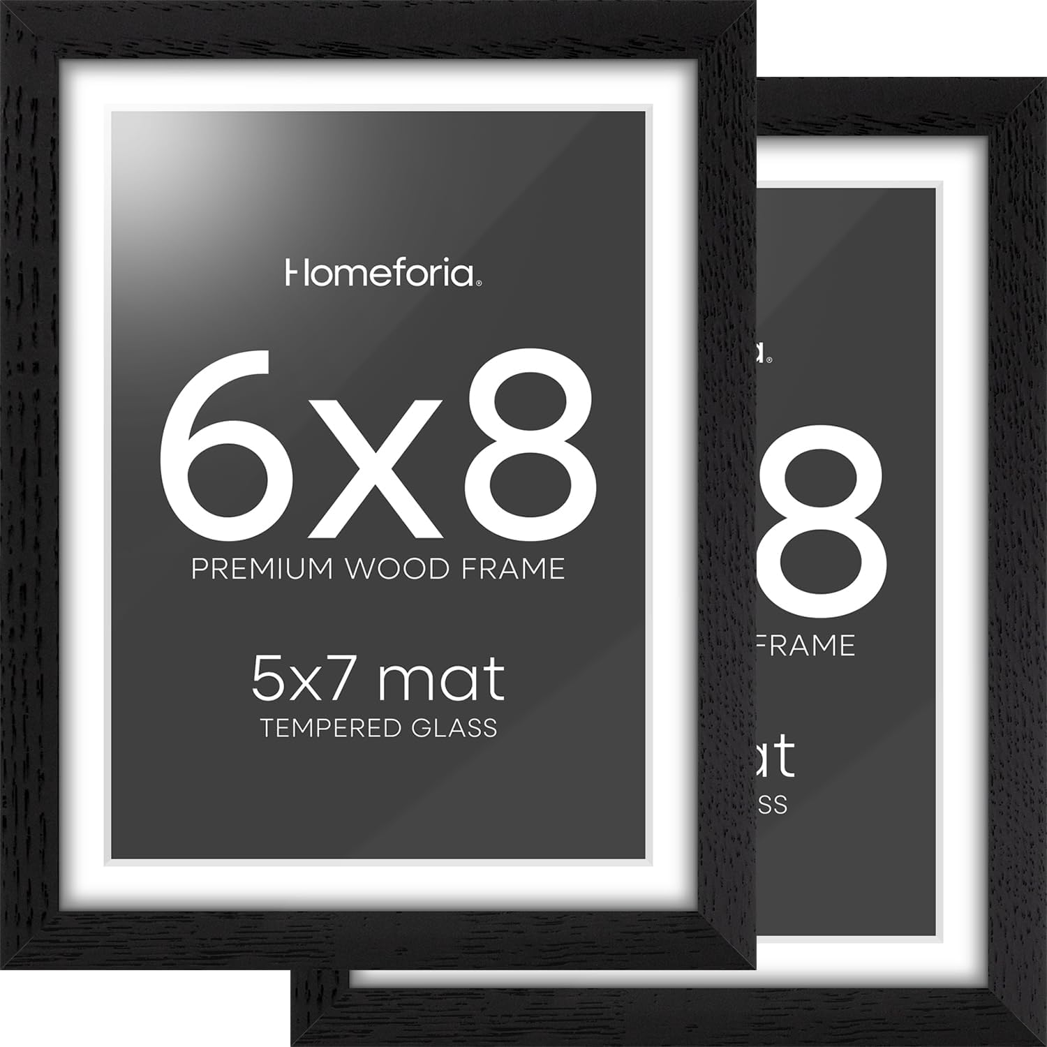 Homeforia 8x6 Black Wood Frame, High End Oak 6x8 Black Wooden Picture Frames with Mat 5x7 Art, 6 x 8 Frame Matted to 5 by 7 inch Photo, 6x8 Wall or Tabletop Frames, Tempered Glass, Wall Kit, Set of 2