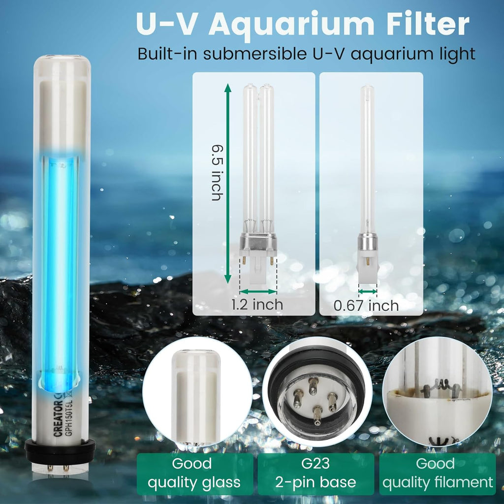 Aquarium Filter U-V for 40-150 Gallon, 400GPH Fish Filter with 9W U-V Double Light Green Water and Algae Submersible Powerful Clean Pump for Turtle Tank Freshwater Crystal Green Killing