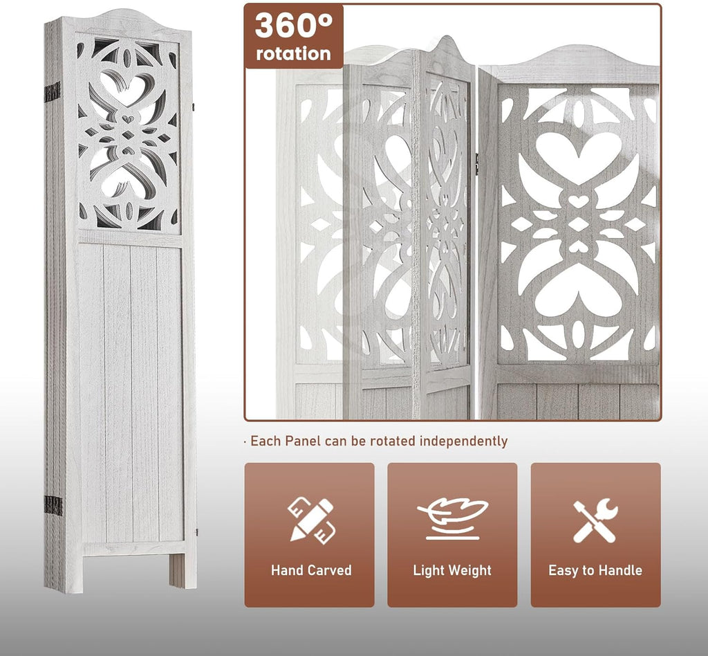 4 Panel Room Divider Fully Assembled, Carved Room Dividers and Folding Screens, 5.6Ft Wood Room Divider Screen Freestanding Partition Wall Dividers for Home Bedroom Office, Rustic White