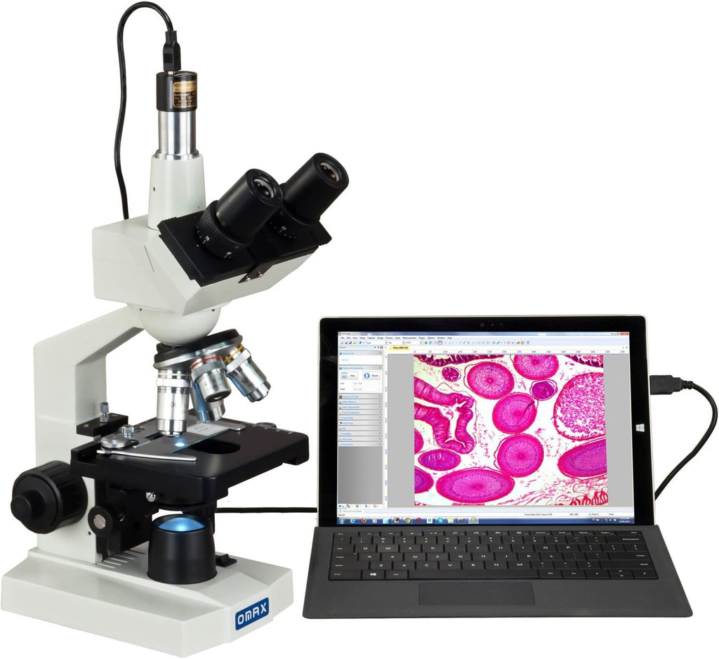 OMAX 40-2500X LED Digital Trinocular Compound Microscope 1.3MP Camera + Blank Slides + Covers + Lens Paper