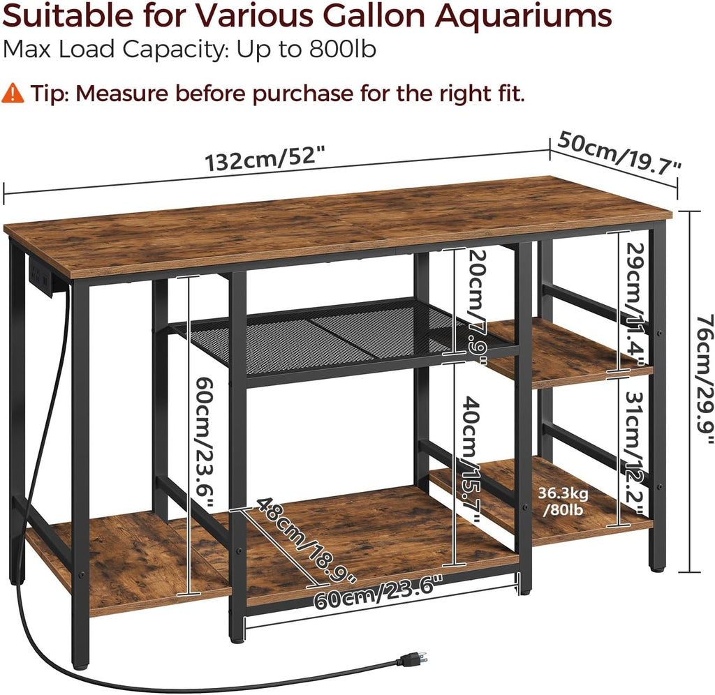 55-75 Gallon Fish Tank Stand with Power Outlet, 3-Tier Metal Frame Aquarium Stand, Heavy Duty Reptile Terrarium Tank Stand, 52.0"L x 19.7"W x 29.9"H, 800 LBS Capacity, Rustic Brown FTHR55E01