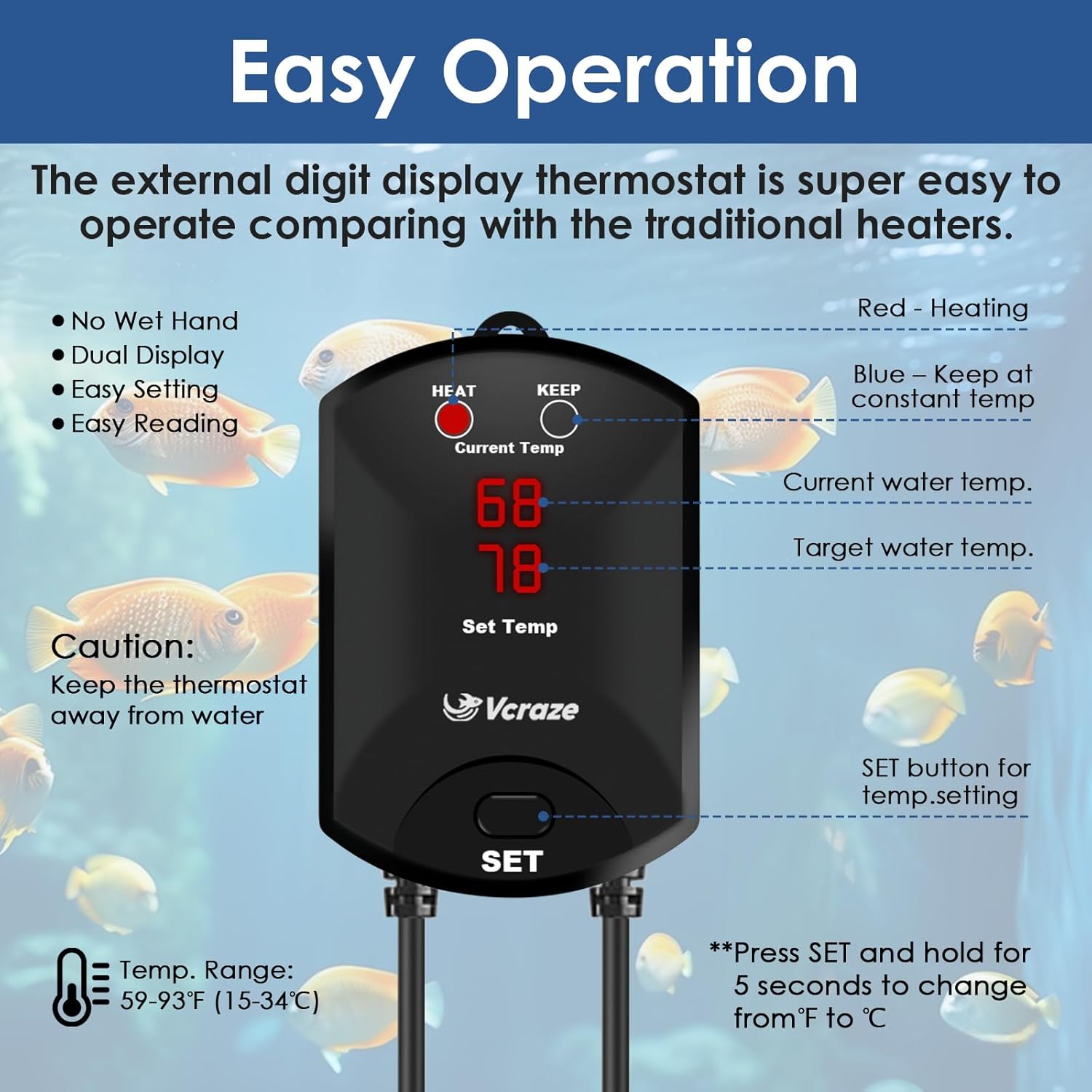 Aquarium Heater 500W Fish Tank Heater with External Thermostat (Dual Digital Display), Turtle Heater for Tanks 75-120 Gallons, Dry-Run/Overheating Protection and Memory Function