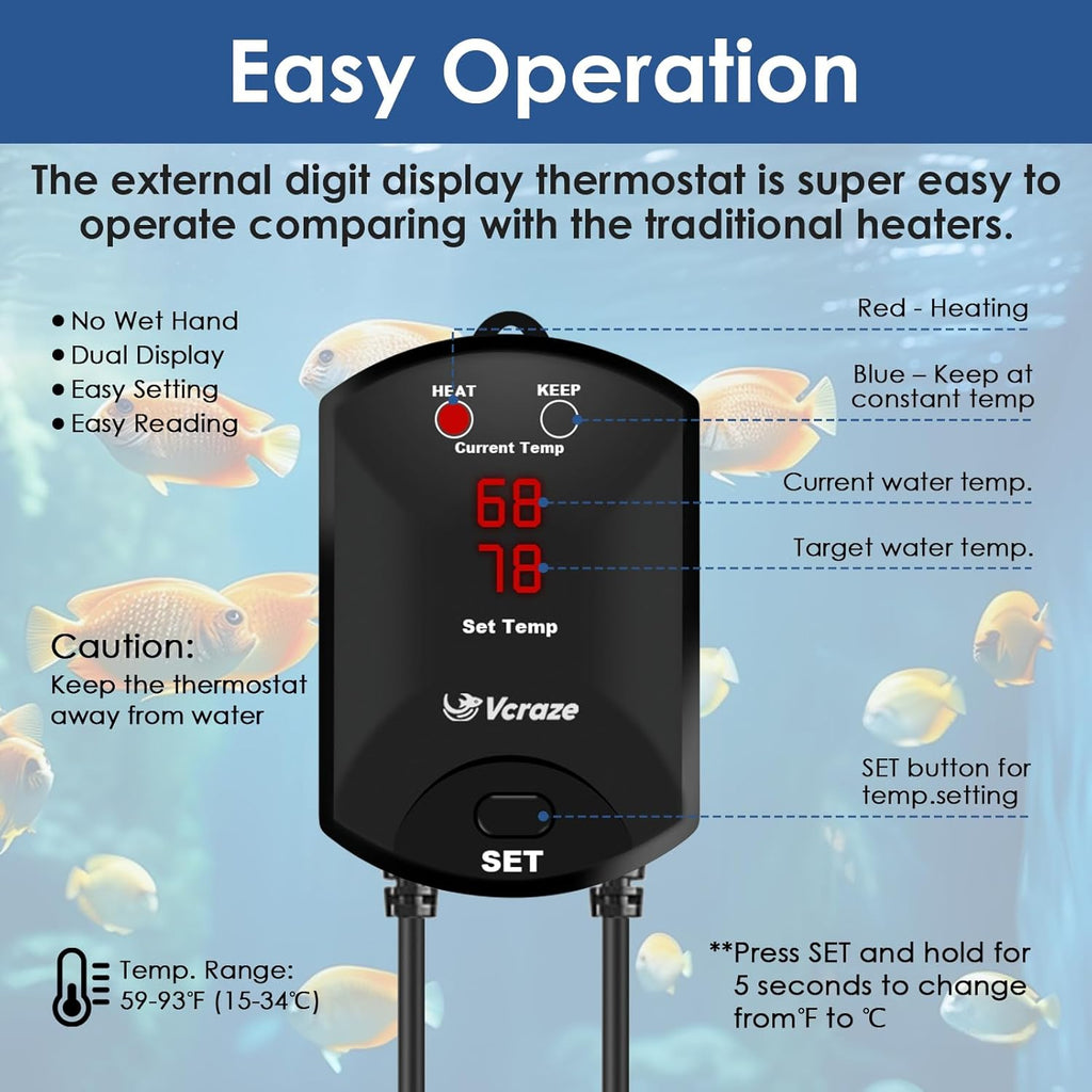 Aquarium Heater 800W Fish Tank Heater with External Thermostat (Dual Digital Display), Turtle Heater for Tanks 120-160 Gallons, Dry-Run/Overheating Protection and Memory Function