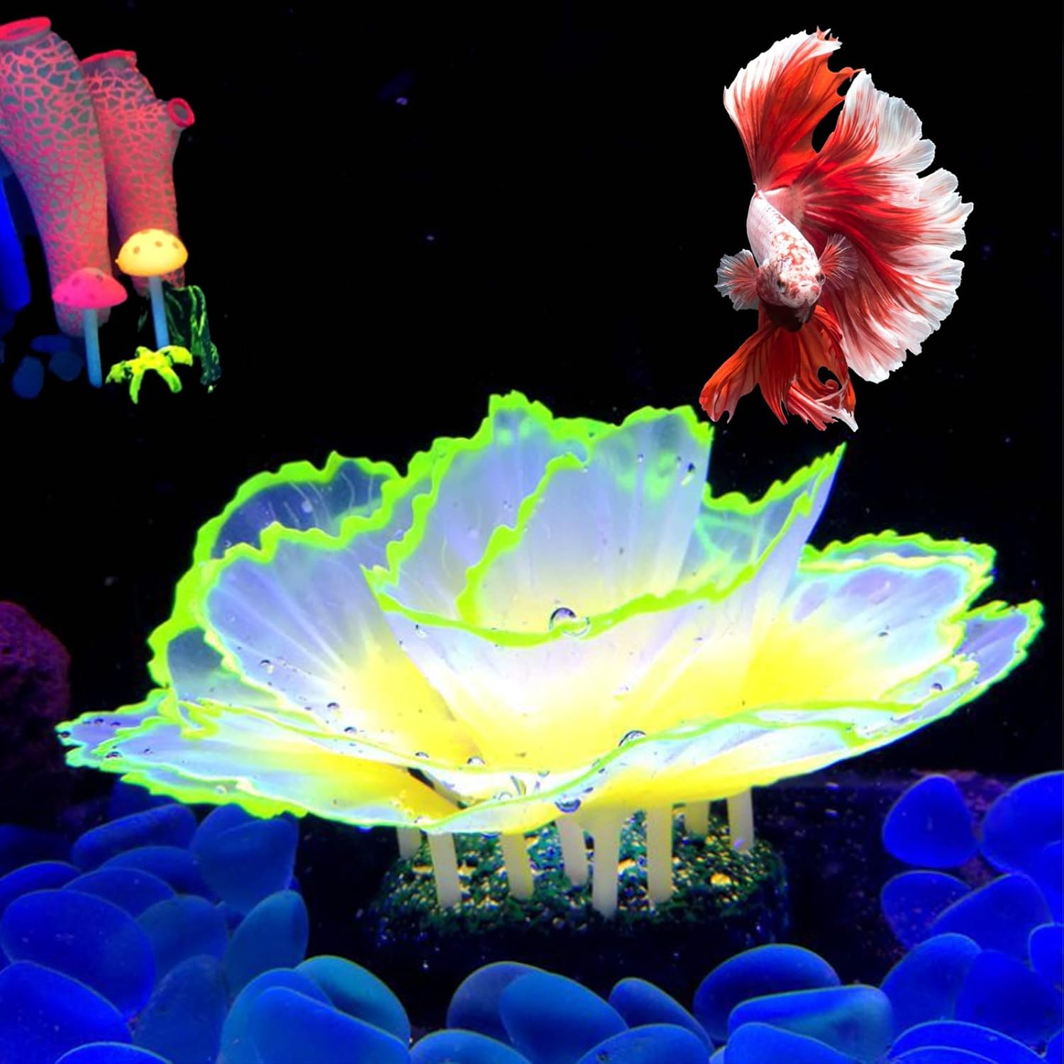 Aquarium Coral Ornament Glowing Effect Coral Decor Resin Fish Tank Plants Decoration for Aquarium Tank Landscape(Yellow)
