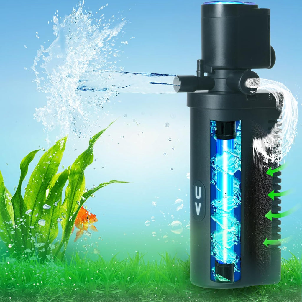 158GPH Small Aquarium Filter, UV Sterilizer for Aquarium for 10-45 Gallon Tank, Internal Pump for Turtle Betta Fish Tank Filter Silent 4-in-1 Green Killing Machine with Fish Tank Filters Deodorization