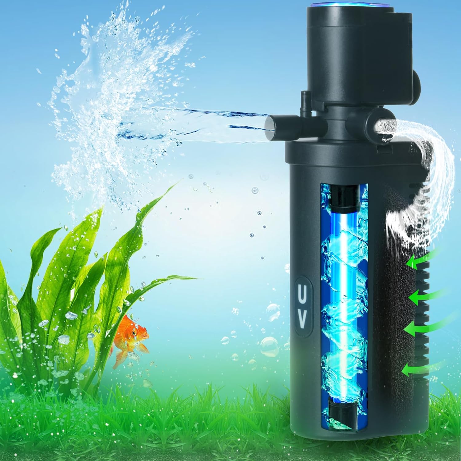 158GPH Small Aquarium Filter, UV Sterilizer for Aquarium for 10-45 Gallon Tank, Internal Pump for Turtle Betta Fish Tank Filter Silent 4-in-1 Green Killing Machine with Fish Tank Filters Deodorization