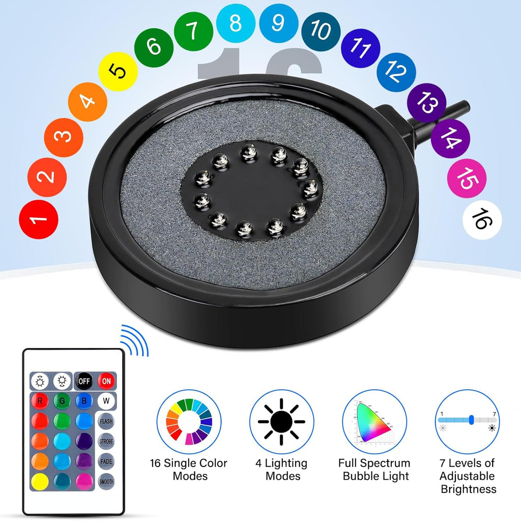 fishkeeper Aquarium Air Bubble Light, LED Fish Tank Bubbler Stone Disk with 11 Super Bright Lamp Beads, 16 Colors and 4 Modes Adjustable for Fish Tank Decoration Oxygenation