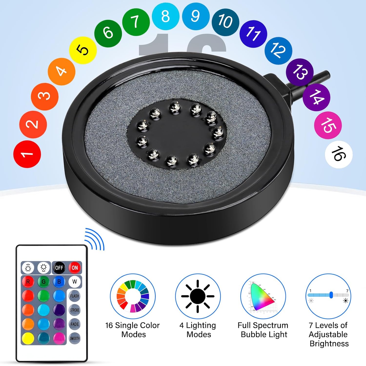 fishkeeper Aquarium Air Bubble Light, LED Fish Tank Bubbler Stone Disk with 11 Super Bright Lamp Beads, 16 Colors and 4 Modes Adjustable for Fish Tank Decoration Oxygenation