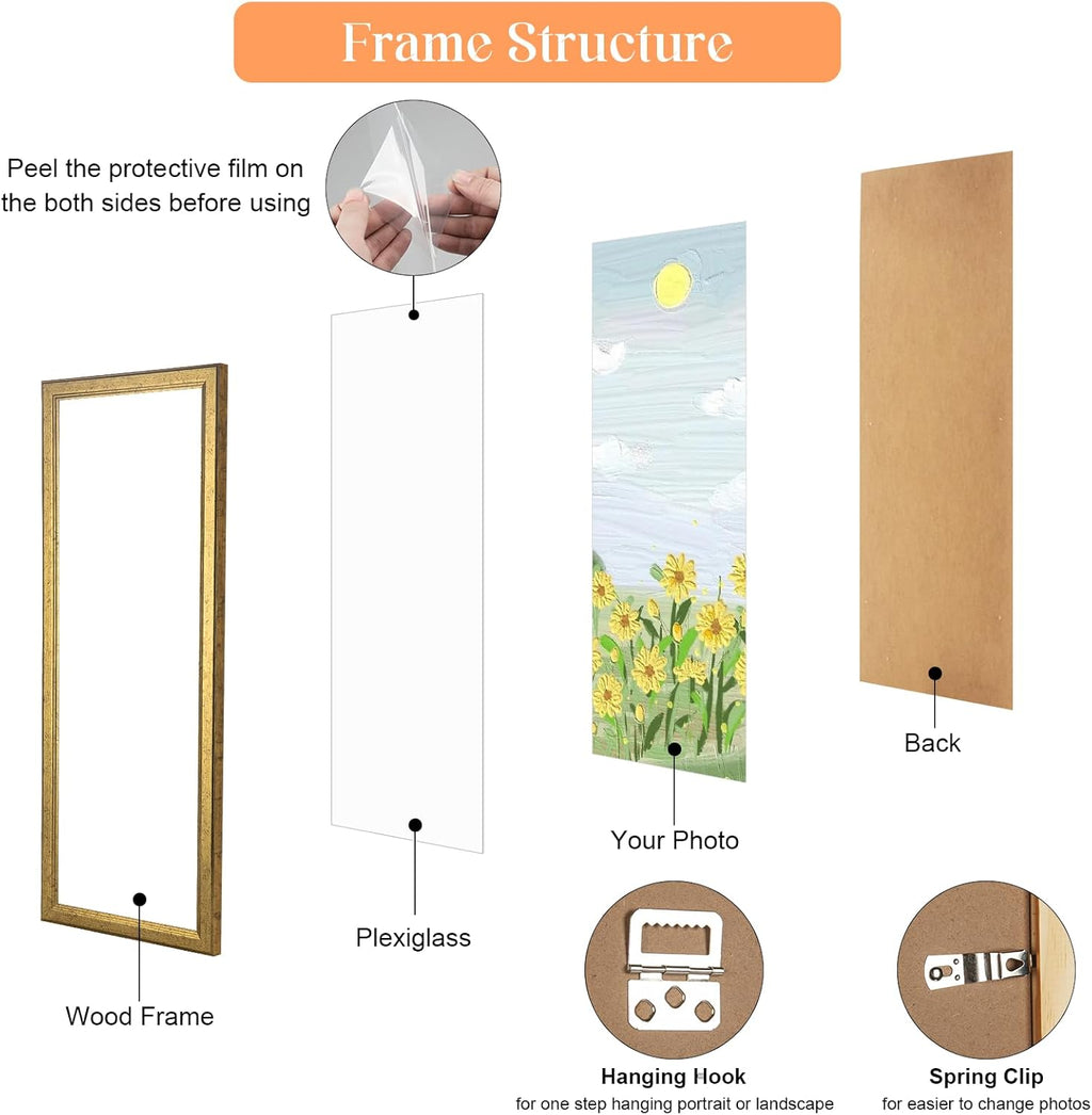 Wood 5x15 Frame Gold, Ornate Natural 15x5in Poster Picture Frame, Modern Golden 5 x 15inch Gallery Wall Photo Frame with HD Plexiglass, Horizontal Vertical Wall Mounting Display 1pcs