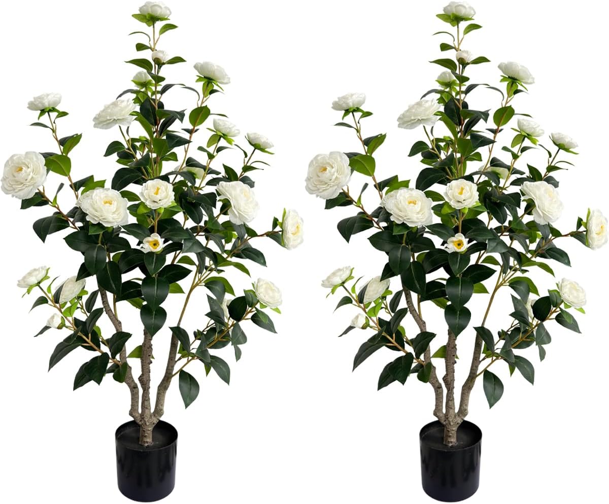 Artificial Camellia Tree 3.4ft Fake Trees pseudophyte (2, White)