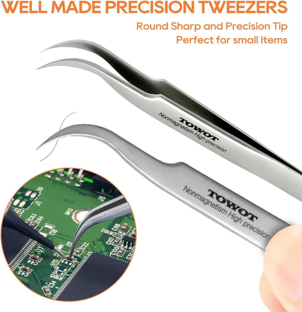 TOWOT Precision Tweezers, Stainless Steel Eagle Beak Tweezers for Craft, Electronics, Soldering, Experimental Work, Jewelry-Making, Non-Magnetic Curved Tweezers