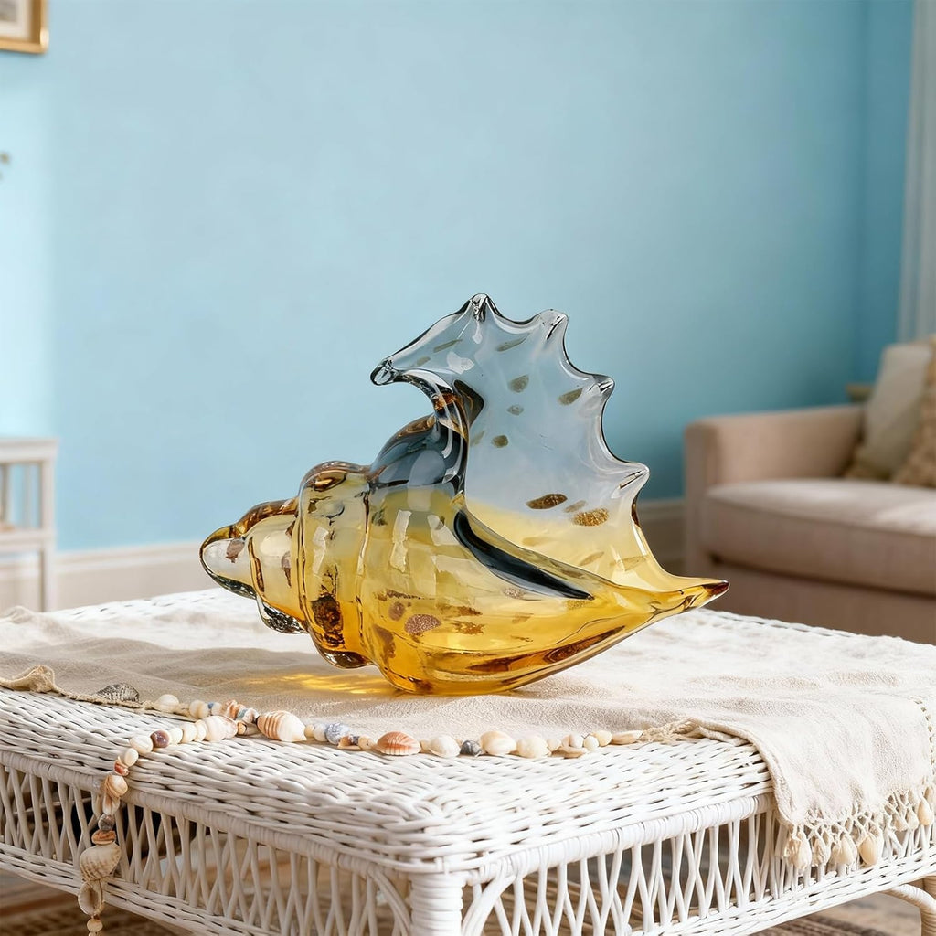 Hand Blown Glass Conch Statues, Gray and Amber Glass Art Figurines, Conch Shells for Coastal Home Decor, Living Room TV Stand and Bookcase Decor, Bathroom Shelf Tops and Cabinet Decor.