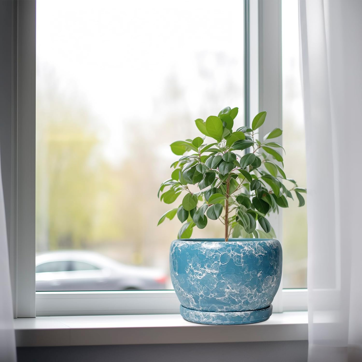 SQOWL Ceramic Pots for Plants - 8 Inch Ceramic Planter for Indoor Outdoor, Decorative Flower Pot with Drainage Hole and Saucer, Round Planter, Home Living Room Bathroom Decor, Plant Lover Gifts, Blue