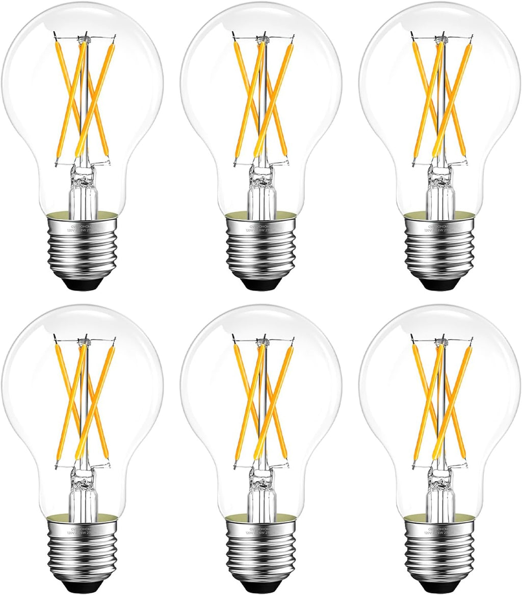 Dimmable E26 LED Bulb 6W, 60 watt Equivalent, Vintage LED Edison Bulbs 2700K Soft White, A19 Clear Glass LED Light Bulb for Ceiling Fan, 90+CRI, 600LM, 6 Pack