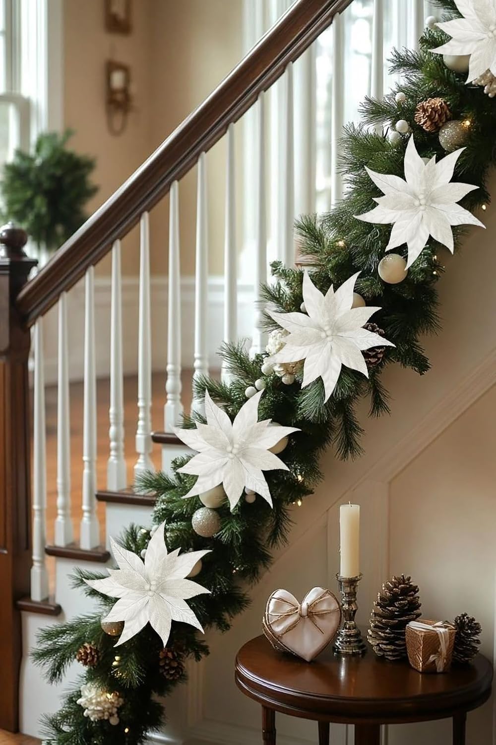 Hollyone 3PCS Poinsettia Christmas Flowers Artificial 11" Large Velvet White Glitter Poinsettia Flowers Christmas Tree Ornaments Floral Picks for Tree Wreath Garland Vase Table Centerpiece Home Decor