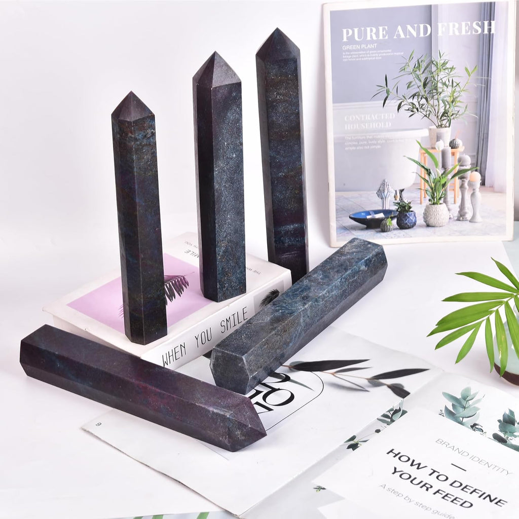 JIC Gem Extra Large Blue Green Ruby Zoisite Quartz Crystal Obelisk Tower 6 Faceted Healing Crystal Wand Reiki Chakra Meditation Therapy Decor Crystal Gift 3.0-3.5 Lbs