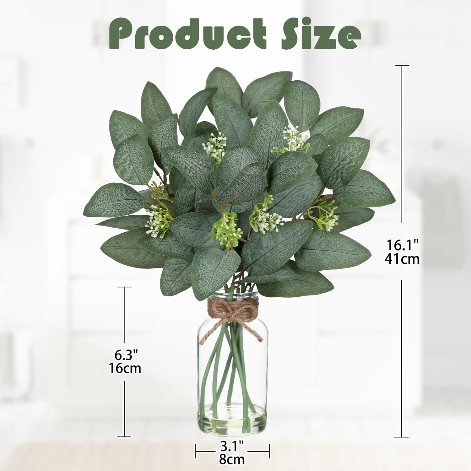 Hollyone 16.1" Artificial Eucalyptus Stems with Glass Vase with Faux Water Fake Plant Eucalyptus in Vase for Home Decor Greenery Plants Wedding Bathroom Office Table Centerpiece Shelf Decorations