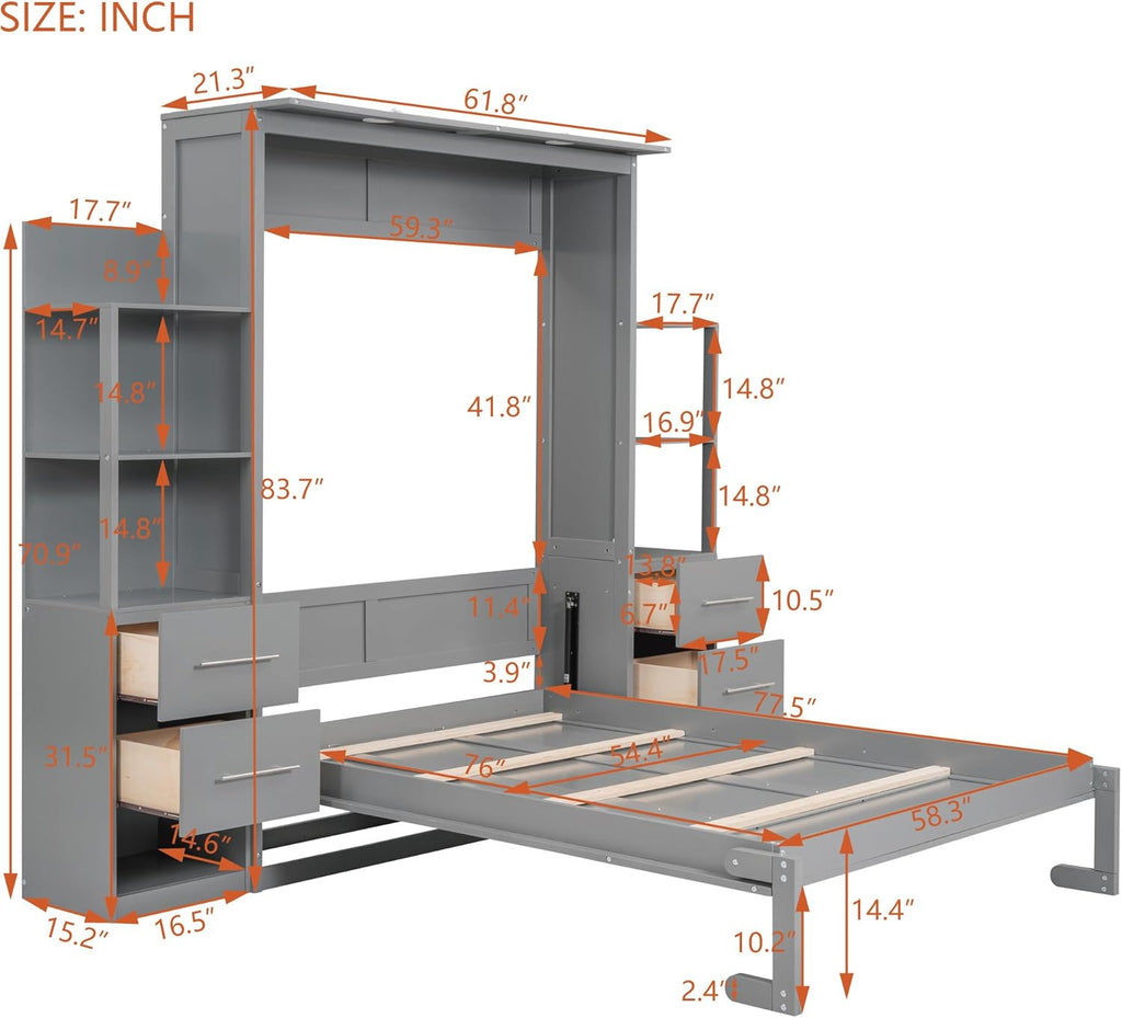 MERITLINE Full Murphy Bed with Storage Drawers,LED Lights and Storage Bookcase Shelves,Wood Murphy Wall Bed Cabinet for Adults