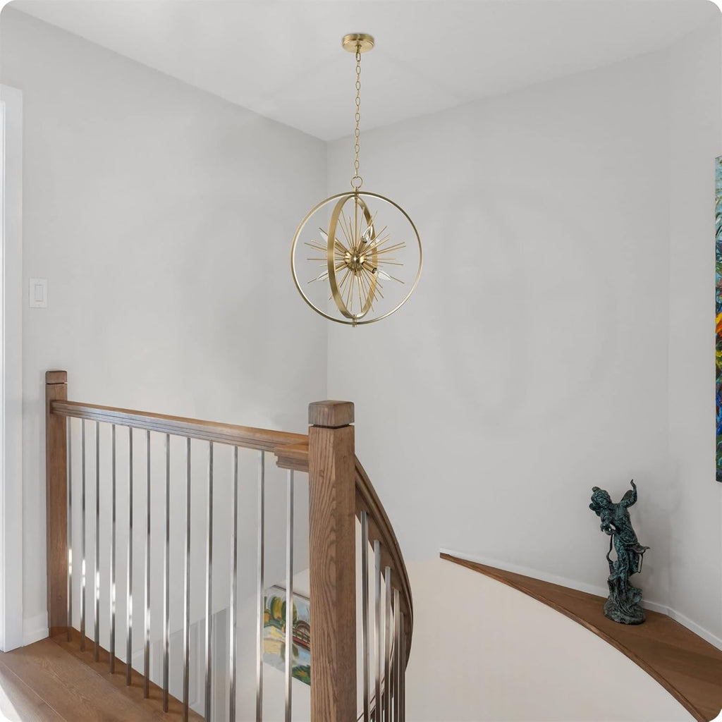 Kira Home Solaris 22" 6-Light Modern Orb/Globe Sputnik Starburst Chandelier + Pivoting Rings, Adjustable Height, Cool Brass Finish