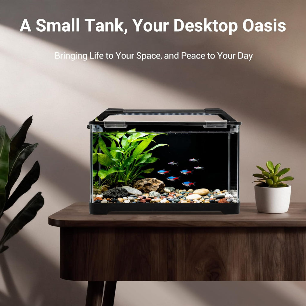 eWonLife 3.5 Gallon Self Cleaning Fish Tank, Aquarium Starter Kit for Betta, Small Fish & Shrimp with Heater, Thermometer, LED Light, Hidden Multi-Stage Filtration System and Water Changer Kit, Black