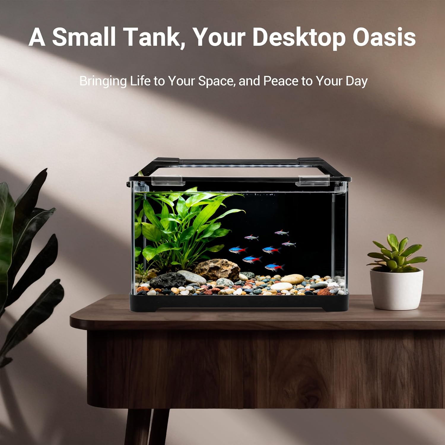 eWonLife 3.5 Gallon Self Cleaning Fish Tank, Aquarium Starter Kit for Betta, Small Fish & Shrimp with Heater, Thermometer, LED Light, Hidden Multi-Stage Filtration System and Water Changer Kit, Black