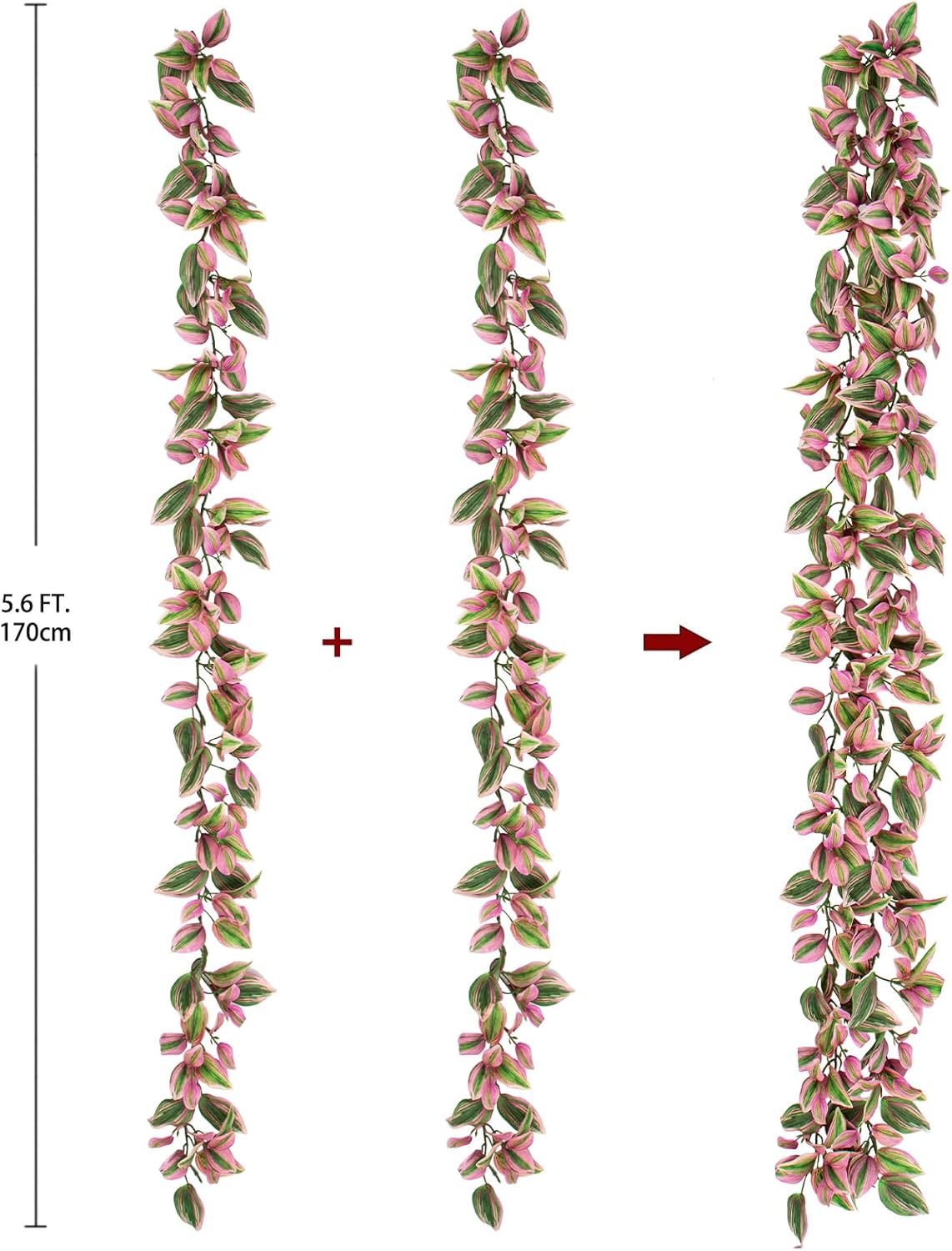2Pcs 5.6FT Artificial Leaf Hanging Plant Faux Tradescantia Zebrina Garland Plants Fake Vines Leaves Greenery for Boho Wedding Party Front Door Wall Stair Home Decor Pink