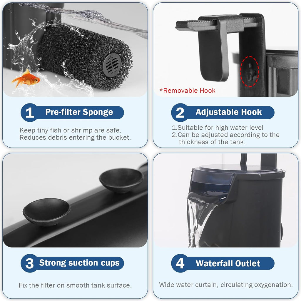 Turtle Tank Filter Aquarium Internal Filter for 3 to 20 Gallon Fish Tank, Bio-filtration Low Water Level Small Power Canister Filter, Frog Shrimp Newt Betta Water Clean, Hang On Back Waterfall Quiet