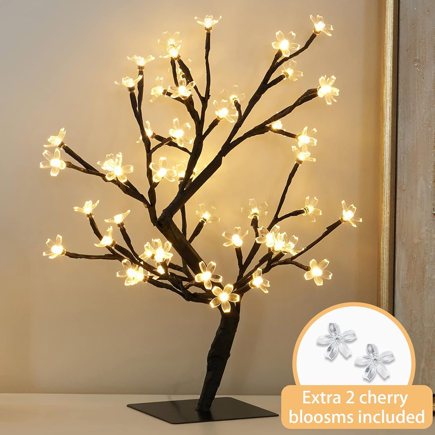 PEIDUO 17.5 Inch Lighted Cherry Blossom Tree, 48 Warm White Lights Plug in Adapter, Light up Bonsai Tree for Christmas Indoor Home Bedroom Living Room, Tabletop Decor Night Light Artificial Tree