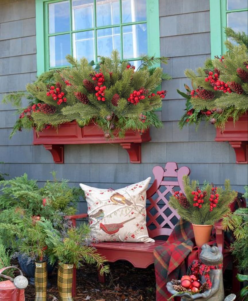 RECUTMS Artificial Pine Branches with Cones and Artificial Red Berry Stems Fake Pine Branch for Decorating Faux Branches Faux Greenery for Table Fireplace Bar Party Holiday Decor in 8 Pcs（Green）