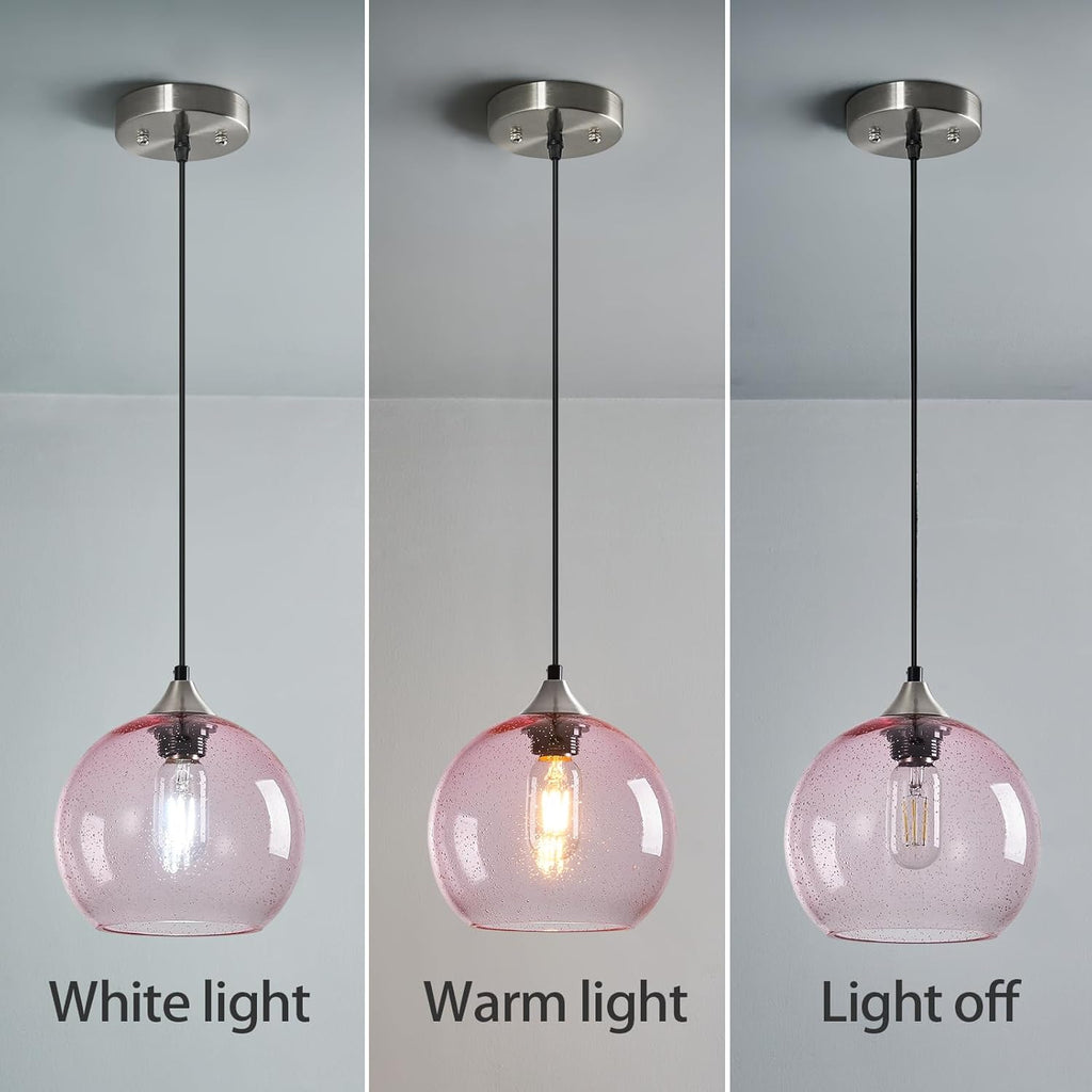 Pink Glass Pendant Lights Kitchen Island Lighting Globe Pendant Light Fixtures Modern Pendant Lighting for Bedroom Living Dining Room Light Fixture (7.87 in, 1 Pack)