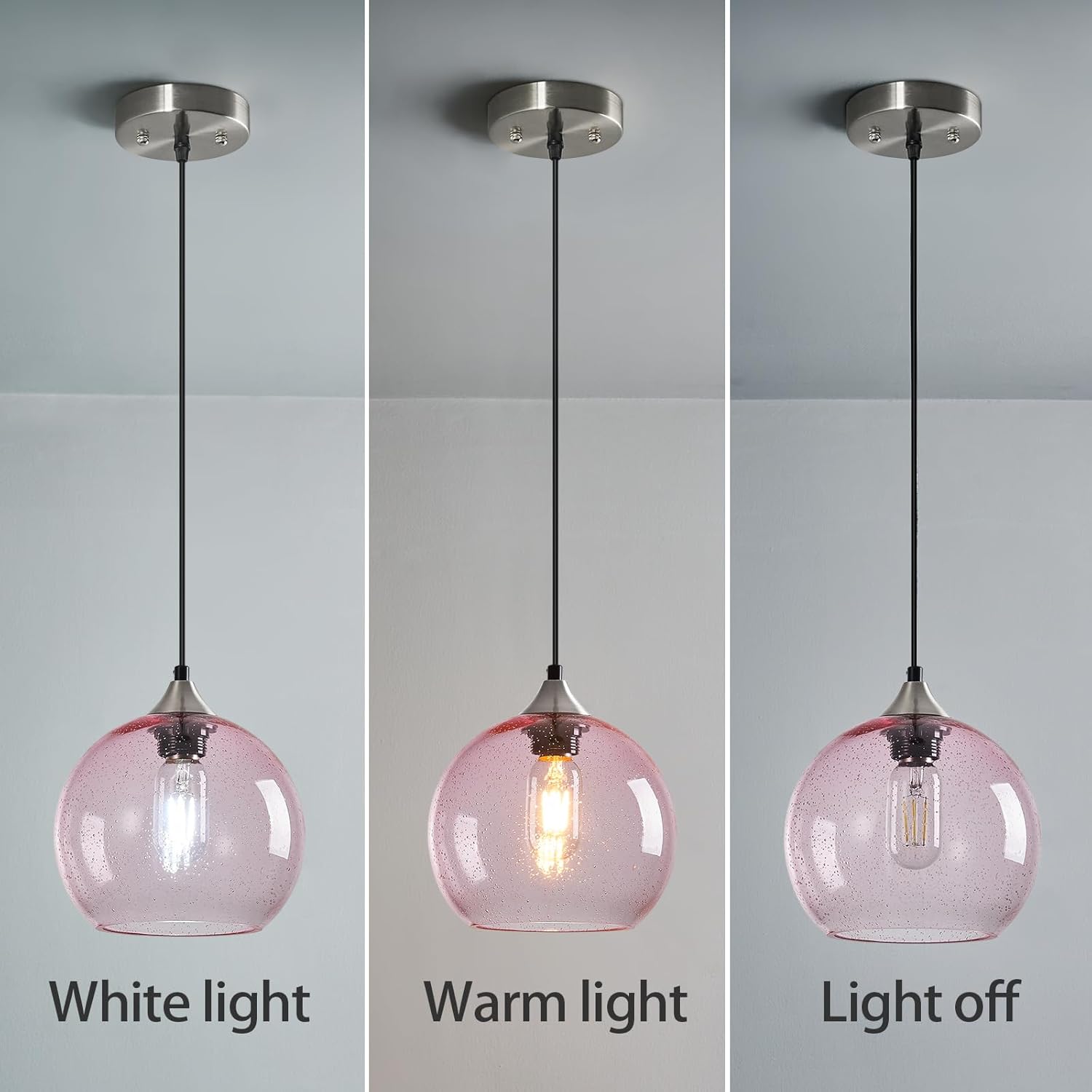 Pink Glass Pendant Lights Kitchen Island Lighting Globe Pendant Light Fixtures Modern Pendant Lighting for Bedroom Living Dining Room Light Fixture (7.87 in, 1 Pack)