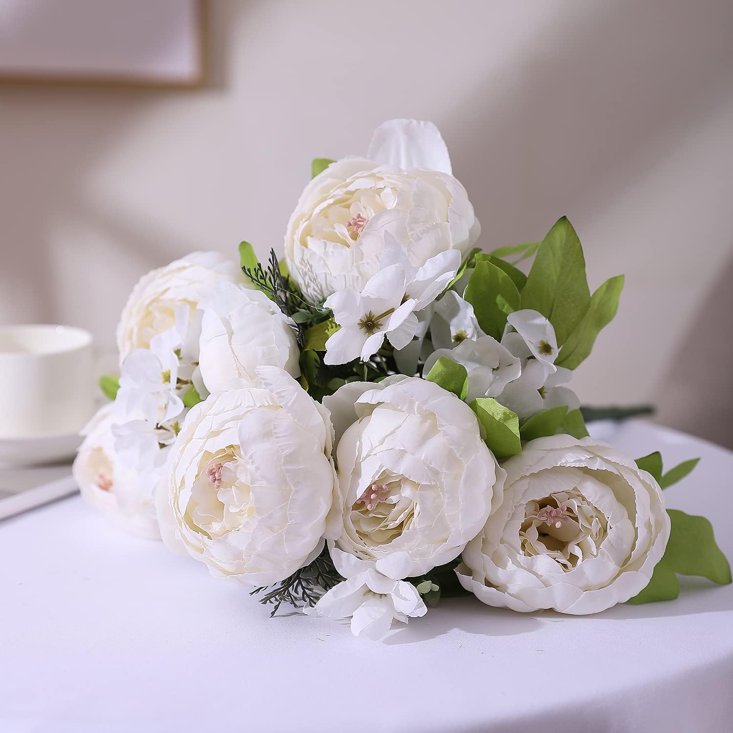 Duovlo Artificial Peony Silk Flowers Fake Flowers Vintage Wedding Home Decoration,Pack of 1 (Spring Milk White)