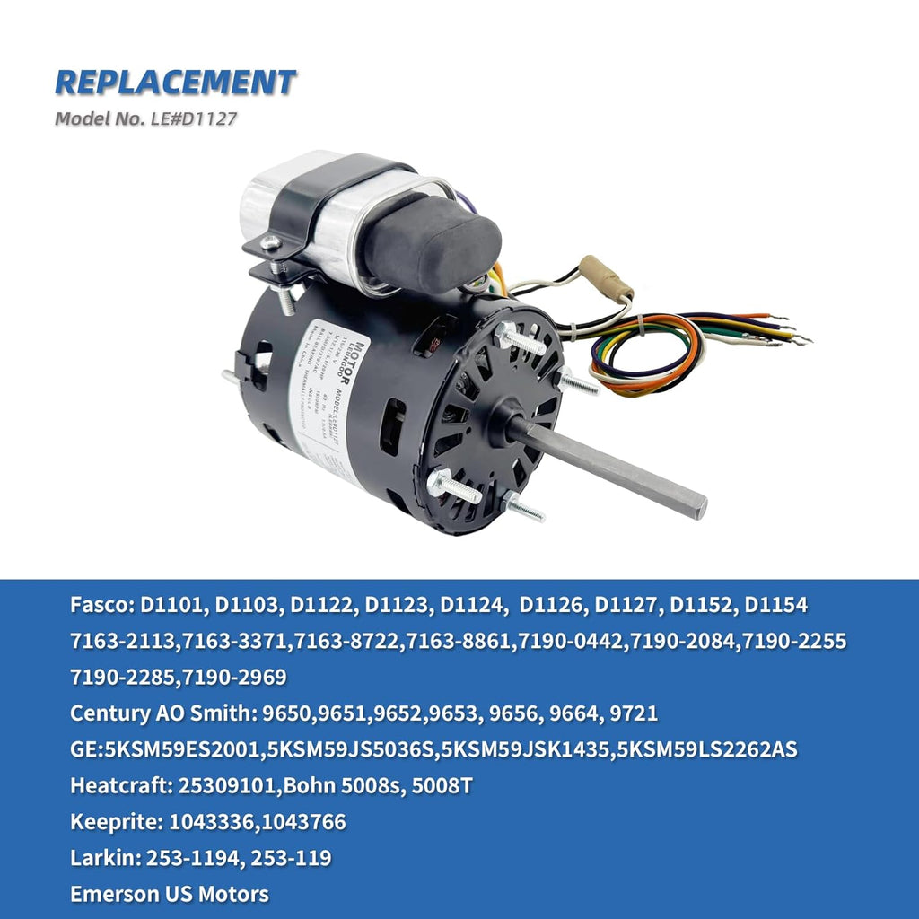 9721, D1127 Refrigeration Fan Motor Replaces Fasco Blower D1101 1126 Century 9650 AO Smith 9656 Bohn 25309101 5008, 1/12HP, 1/15, 1/20HP, 3.3in 1550RPM 115/230V, 60Hz 1.1/0.6A PD1127 EM1127