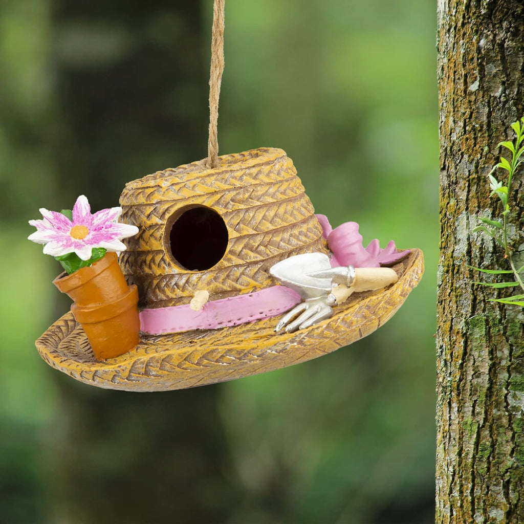 Yinns Birdhouse Hanging Bird Houses for Outside, Decorative Straw Hat Bird House Home Patio Garden Decor for Humming Bird, Bluebird, Wren Nesting